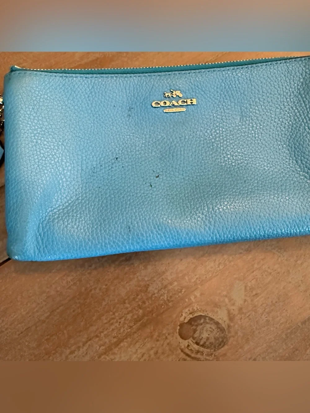 COACH BLUE PEBBLED LEATHER DOUBLE CORNER ZIP ZIPPER WRISTLET CLUTCH WALLET  Used
